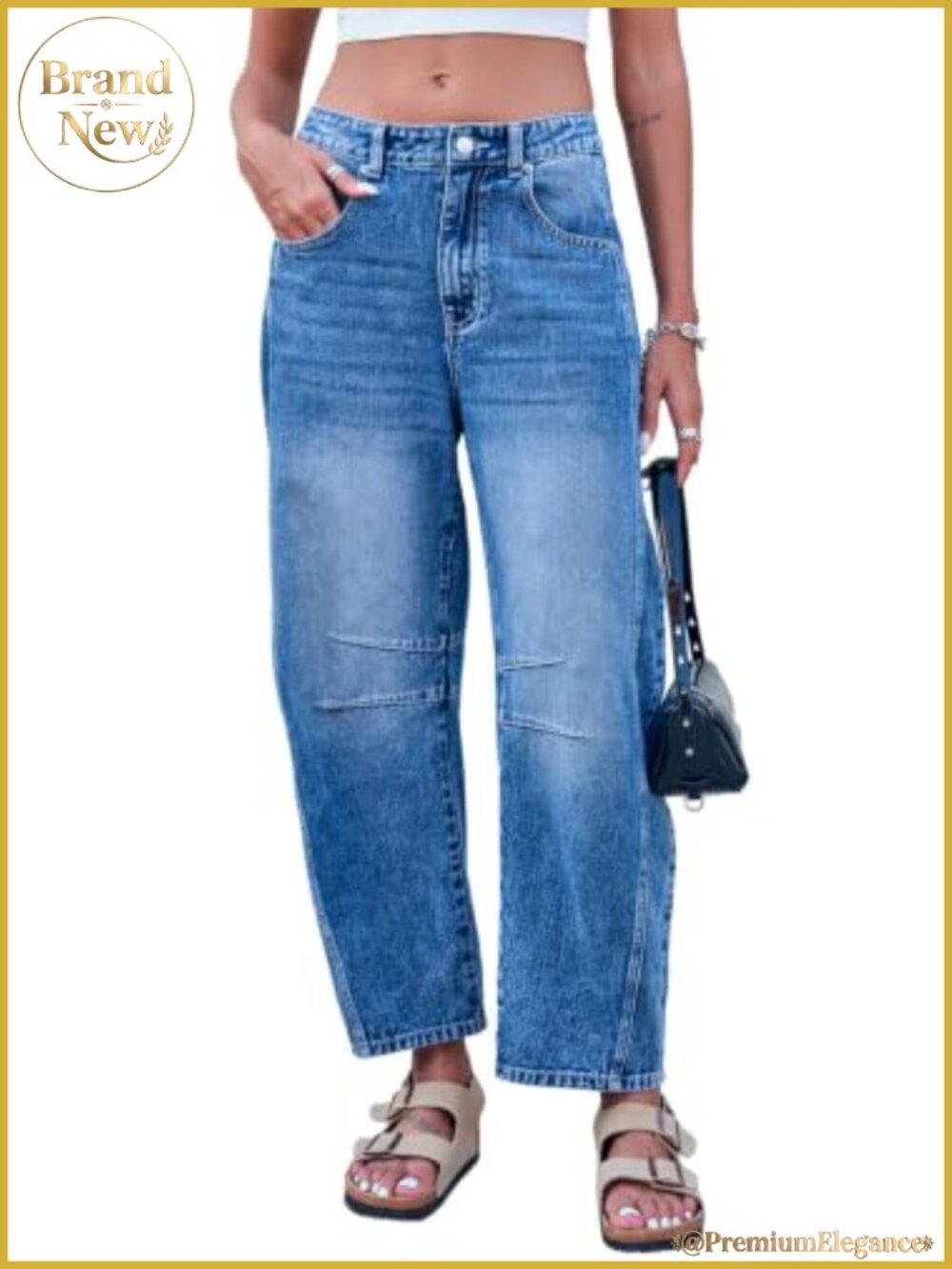 Mid Rise Stretchy Baggy Wide Leg Denim Jeans Women Ankle Length